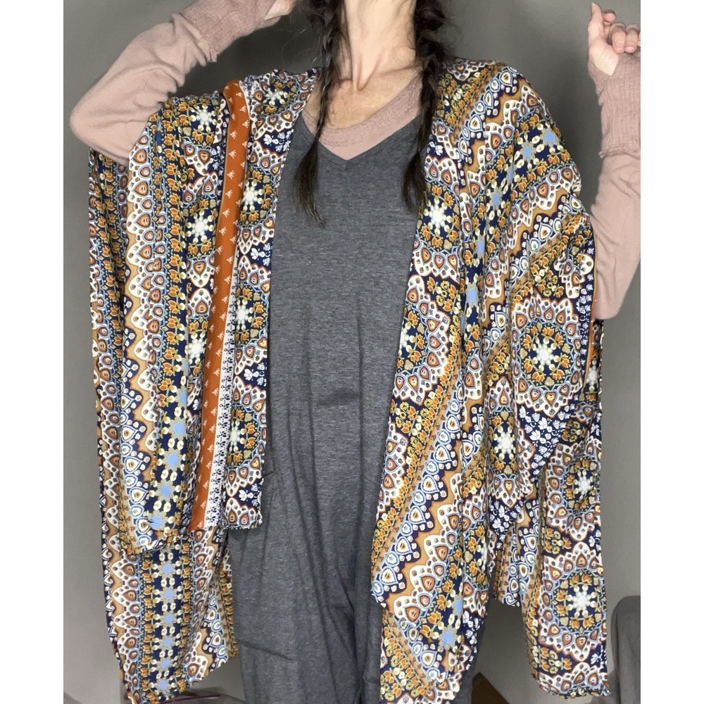 Earthbound Women's Boho Kimono Cardigan Open Front Wrap Navy‎ Geo Print Sz OS